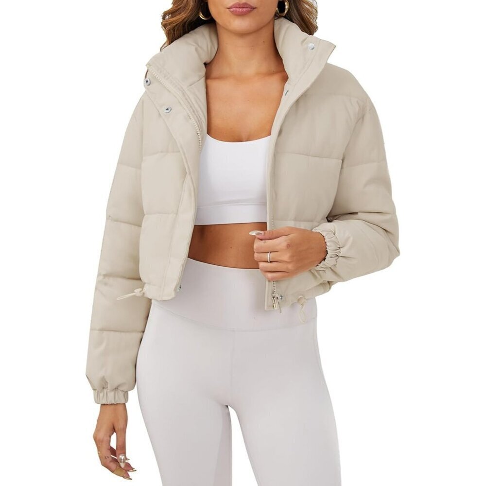 Women's Cropped Puffer Jacket Long Sleeve Puffy Coat Stand Collar Zip UP Beige